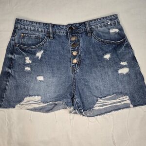 Nature Denim Shorts Jean Size 1X Medium‎ Wash Distressed Waist Measures 31"